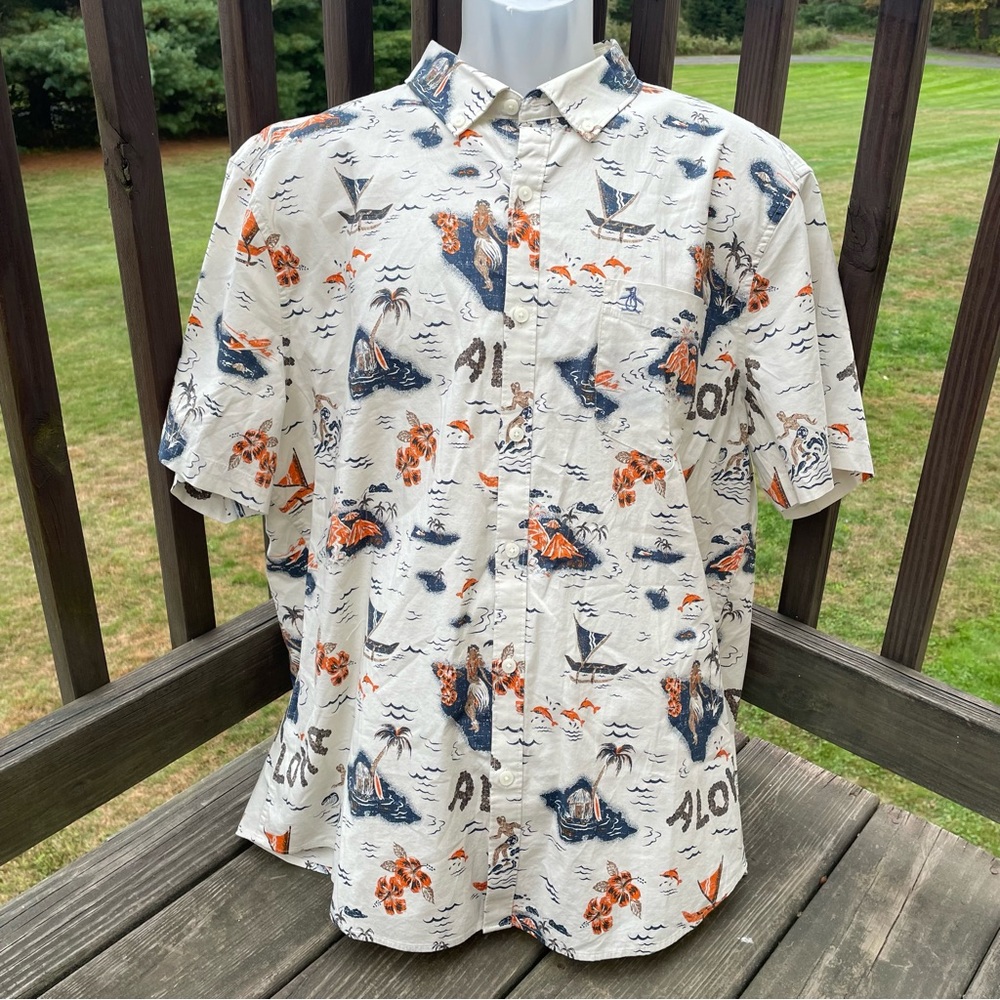 Penguin Hawaiian shirt button down vacation palms volcano hula girl cotton xxl